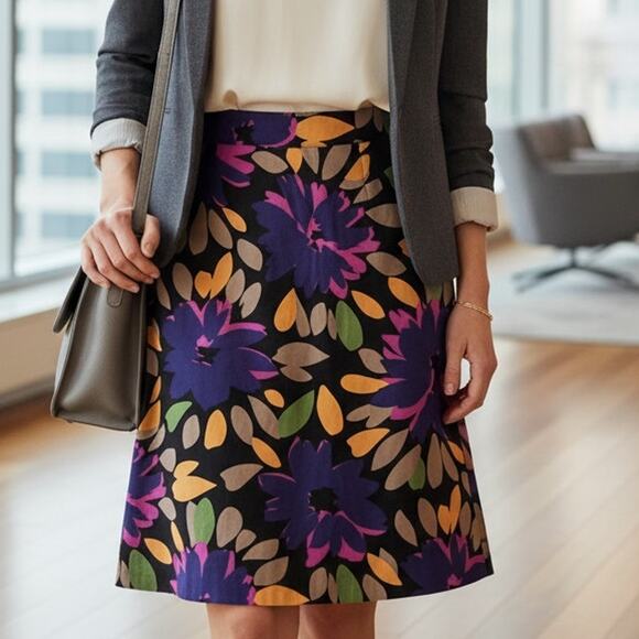 Boden Floral A-Line Midi Skirt Womens Size 8 8R Black Multicolor Bold Career - Picture 1 of 11